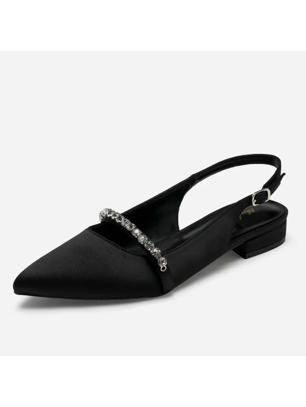 Women's Black Satin Slingback Flats With Rhinestone Pointed Toe Backstrap Shoes